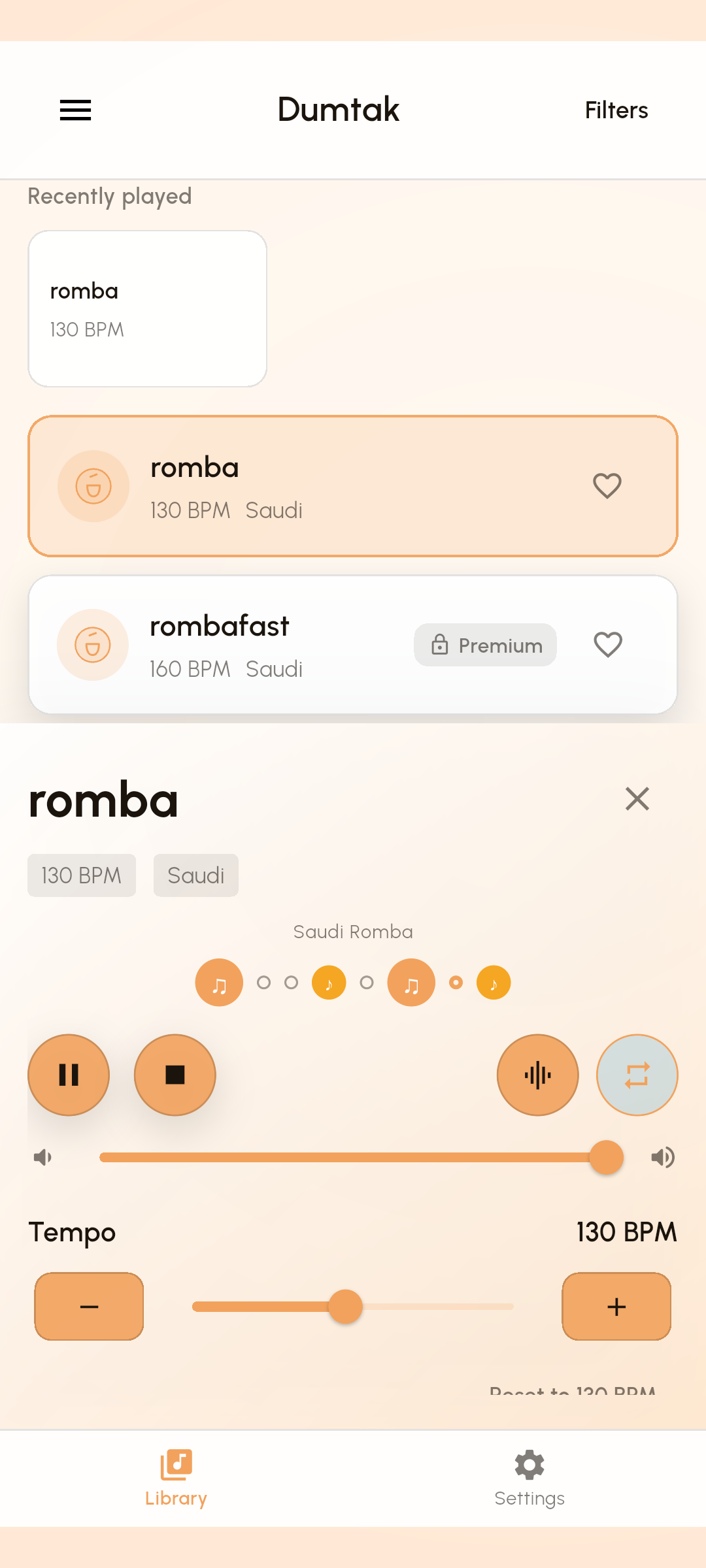 Dumtak player with tempo, pitch and notation controls