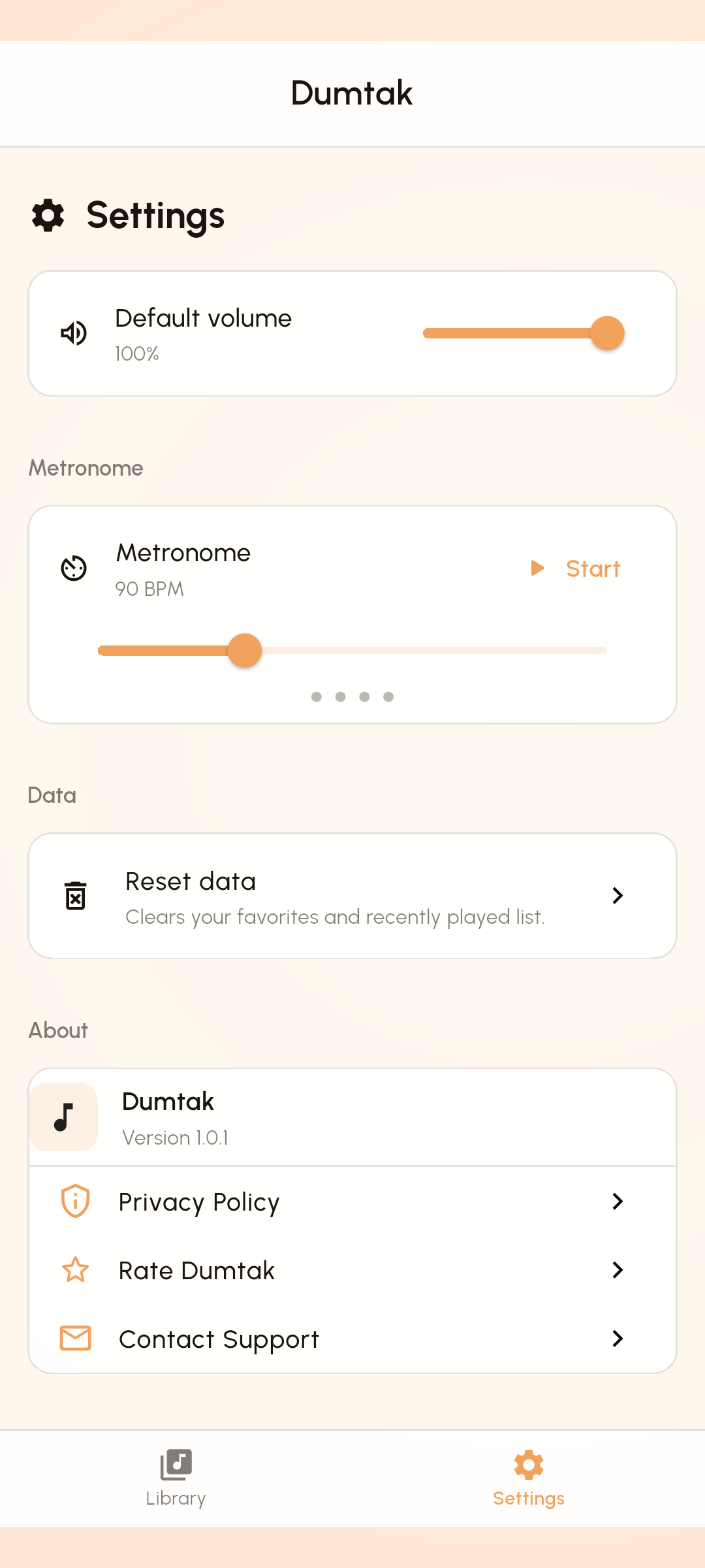 Dumtak settings with built-in metronome
